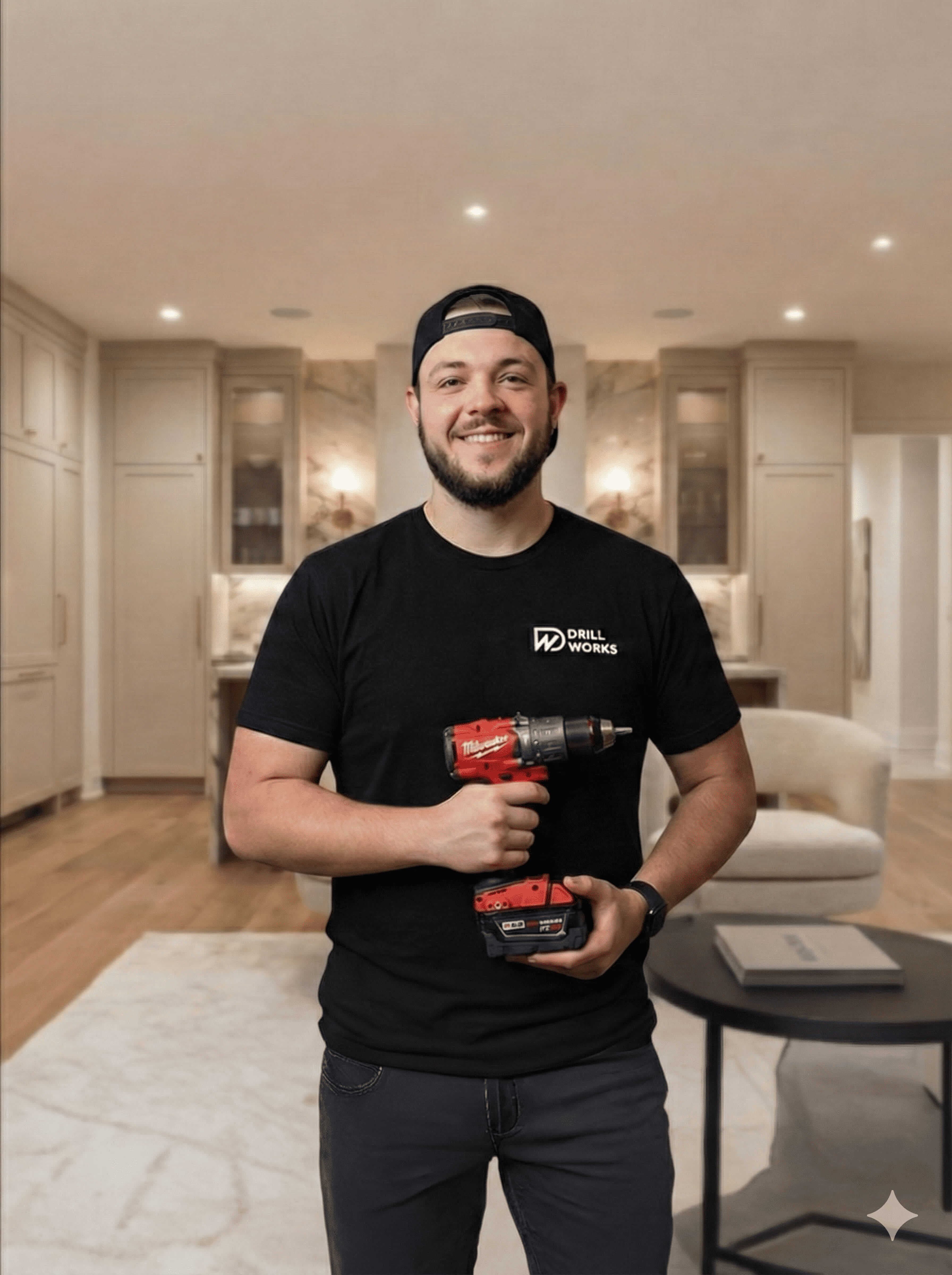 DrillWorks handyman specialist holding a drill in a finished Los Angeles home setup